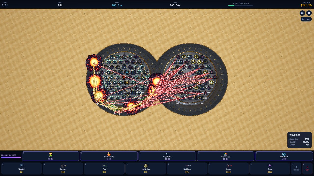 Towers on two round plateaus side by side, firing lasers and lightning at the enemies circling them